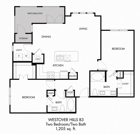 Floor plan for 2 beds, 2 baths, 1205 sqft